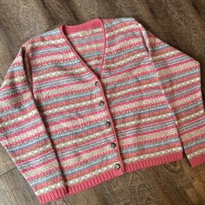VTG Alps Pink Stripes Cardigan Sweater Button Up Women Fair Isle